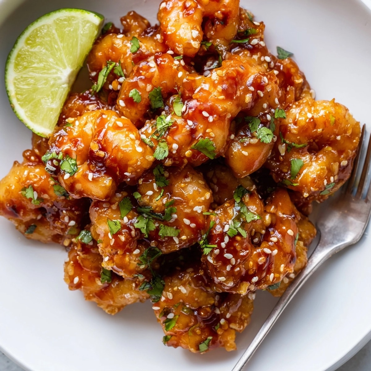 Golden brown spicy honey garlic shrimp glistening, ready to serve over rice.