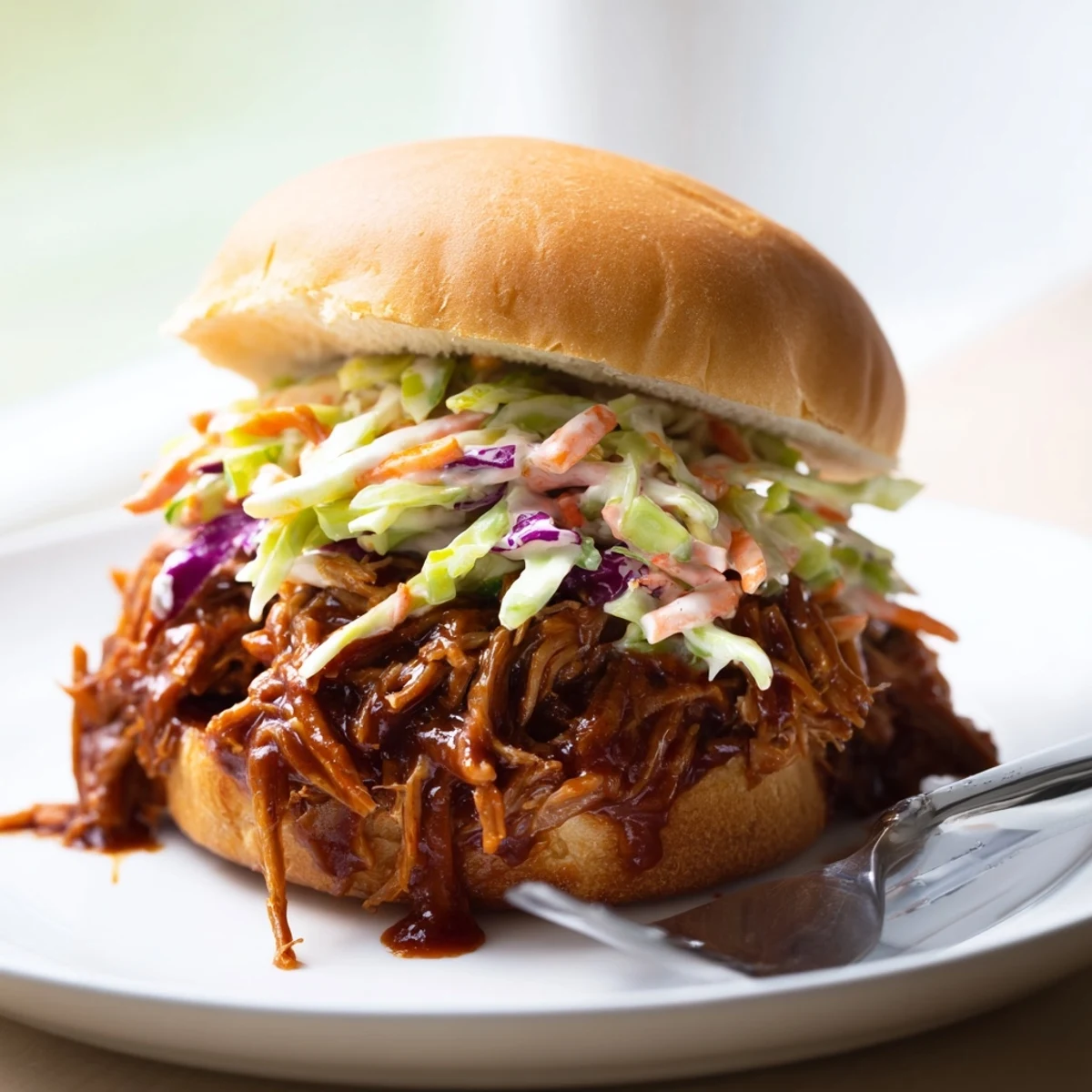 Tender Tangy BBQ Pulled Pork Sliders topped with crunchy slaw on soft buns.  