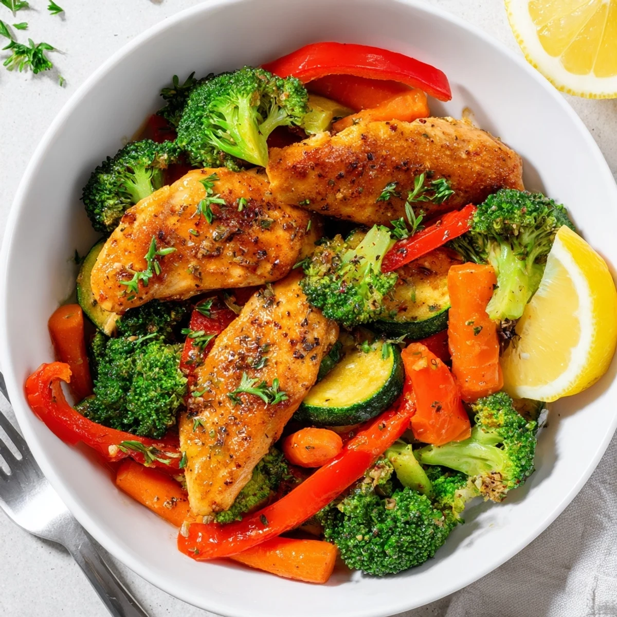 One-Pan Garlic Butter Chicken and Veggies plated with vibrant greens and colorful veggies drizzled in rich sauce.