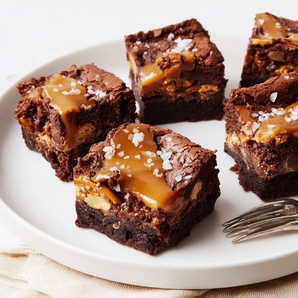 Decadent Salted Caramel Pretzel Brownie Bites topped with rich, gooey caramel and sea salt.