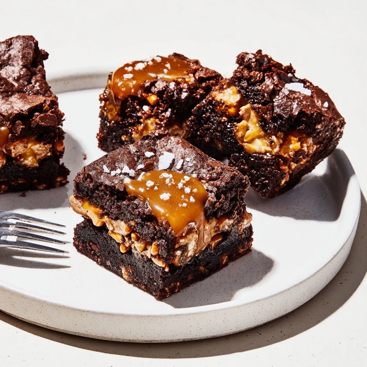 Indulgent Salted Caramel Pretzel Brownie Bites with crunchy base and creamy caramel drizzle.