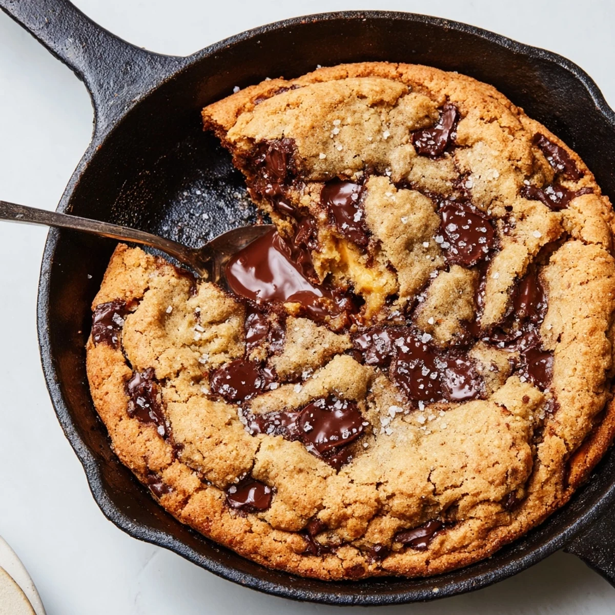 Warm and gooey chocolate chip skillet cookie topped with sea salt, perfect for sharing.  