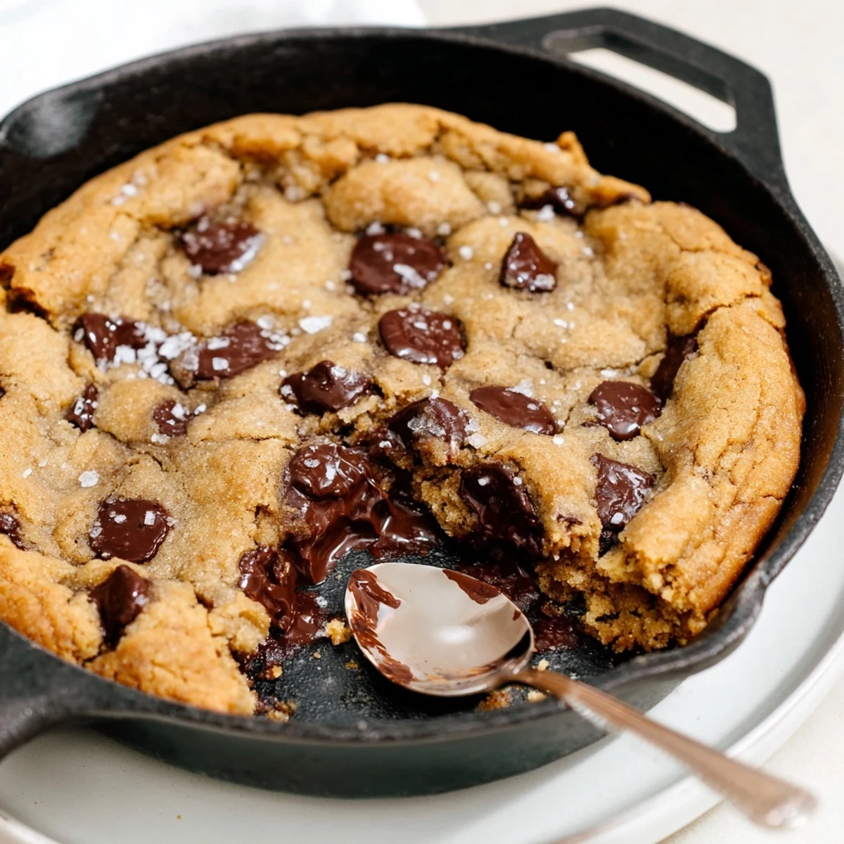 Homemade gooey chocolate chip skillet cookie fresh from the oven, ideal with ice cream.  