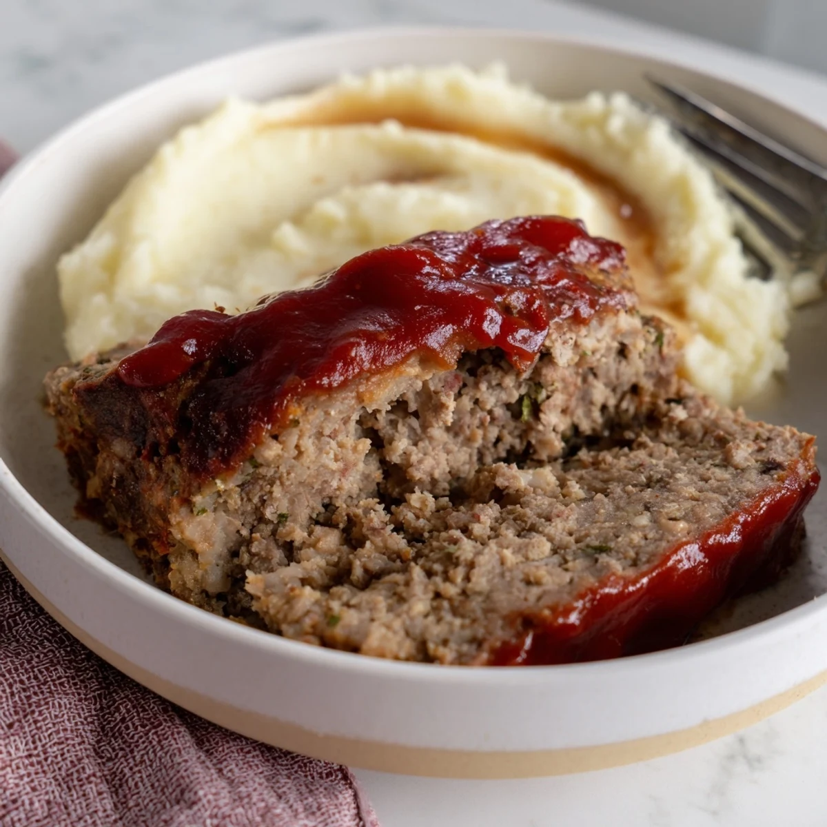 Classic meatloaf with a rich tomato glaze, served alongside fluffy mashed potatoes.  
