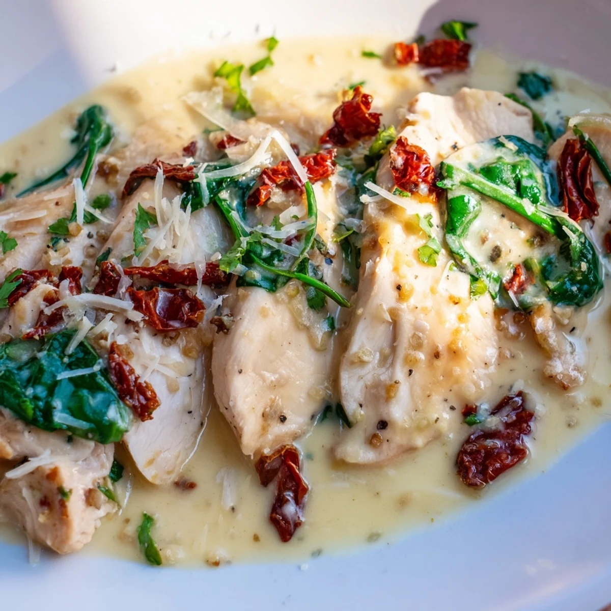 Succulent Creamy Tuscan Garlic Chicken bathed in rich, garlicky cream sauce with spinach.  