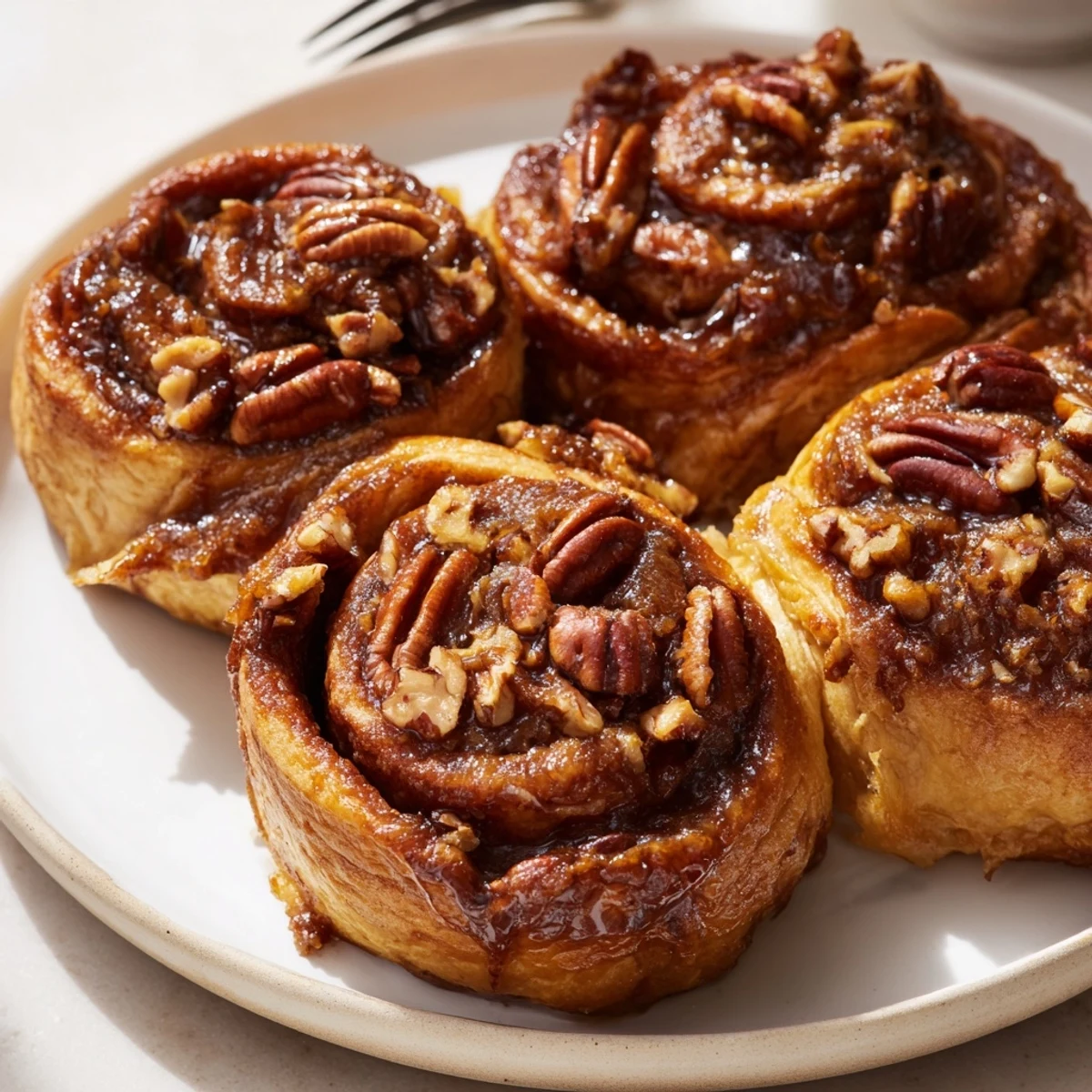 Soft, fluffy Maple Pecan Sticky Buns glistening with rich caramel pecan topping.  