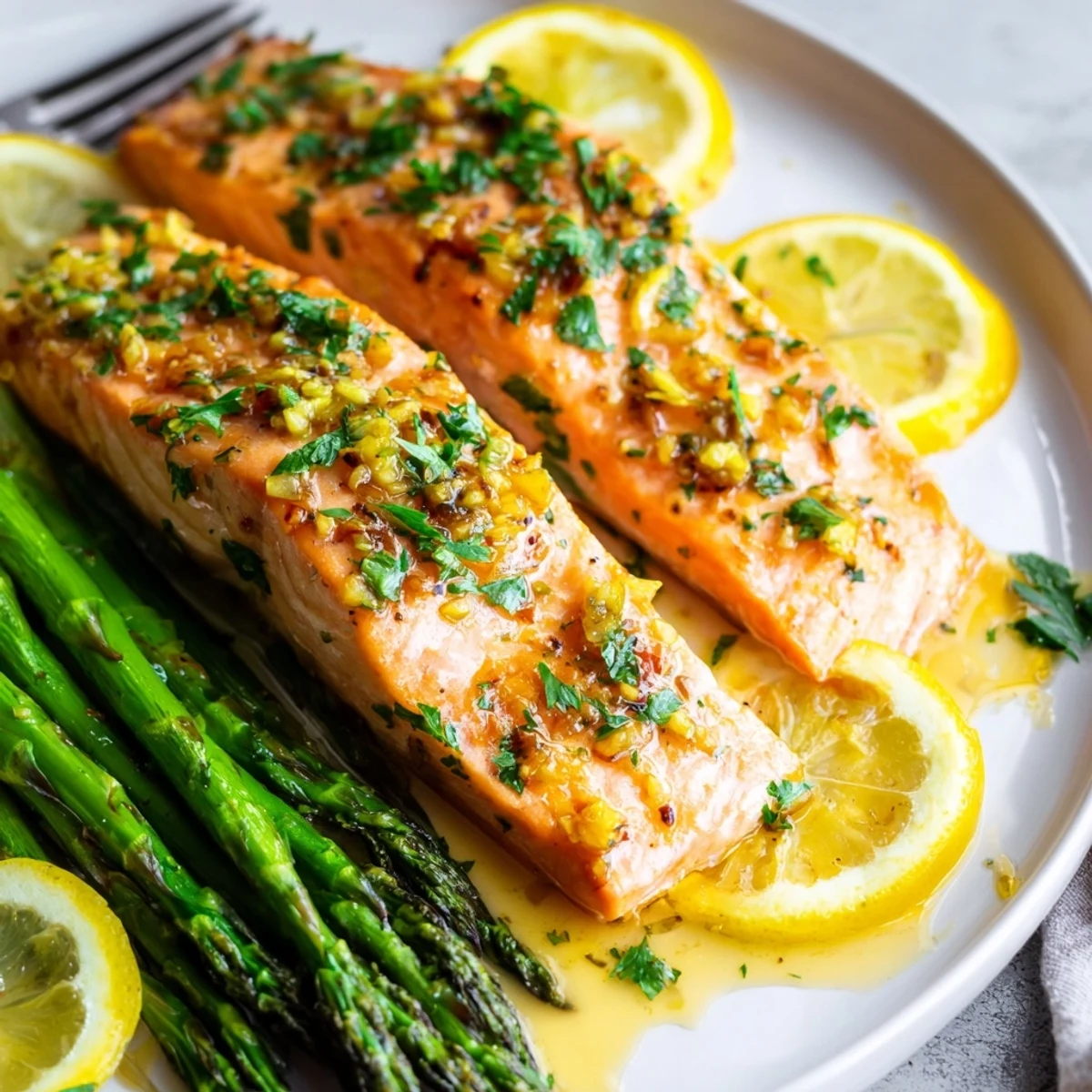 Succulent One-Pan Lemon Garlic Salmon with Asparagus topped with fresh parsley and lemon slices.  