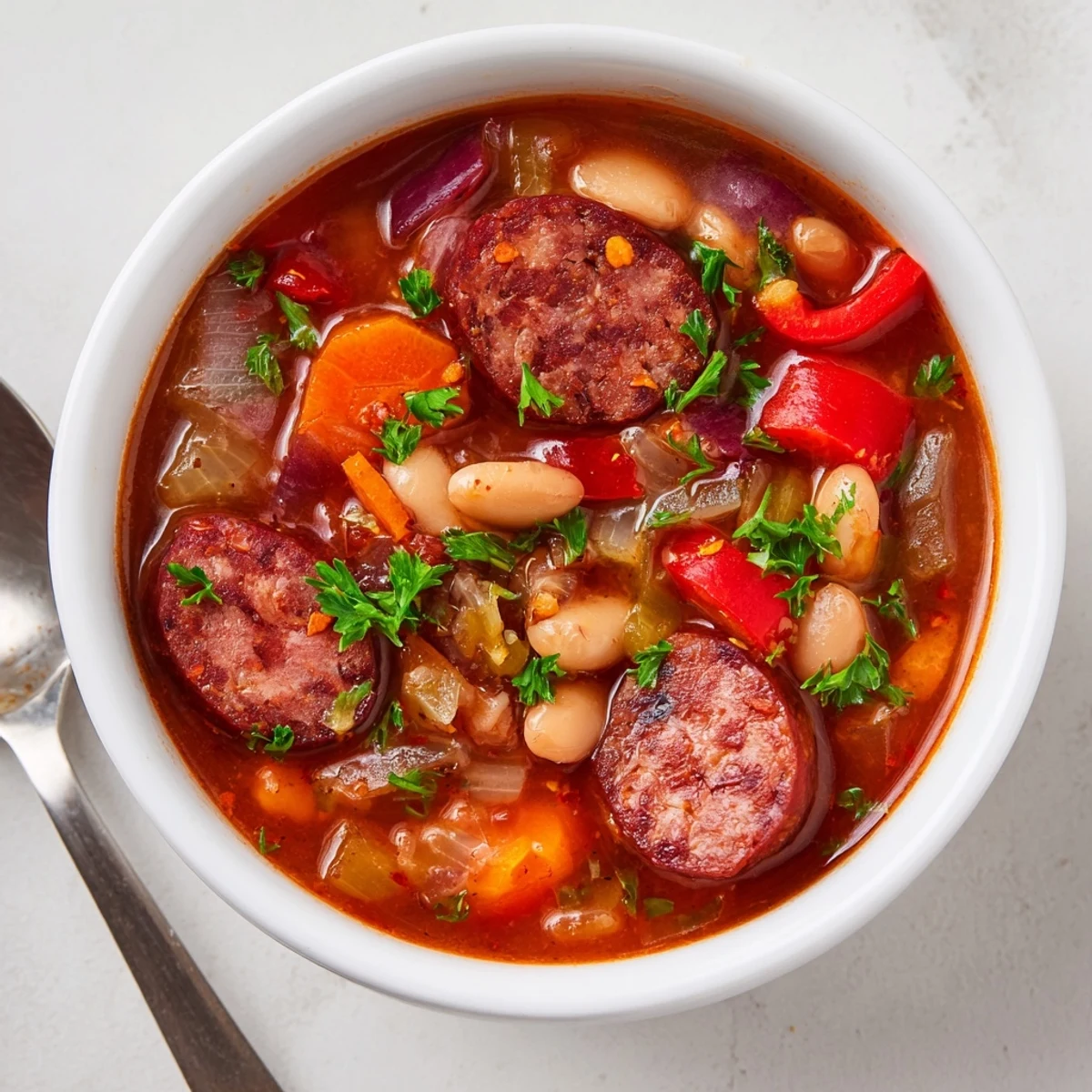 Hearty Spicy Sausage and Bean Stew simmering in a rich tomato broth.  