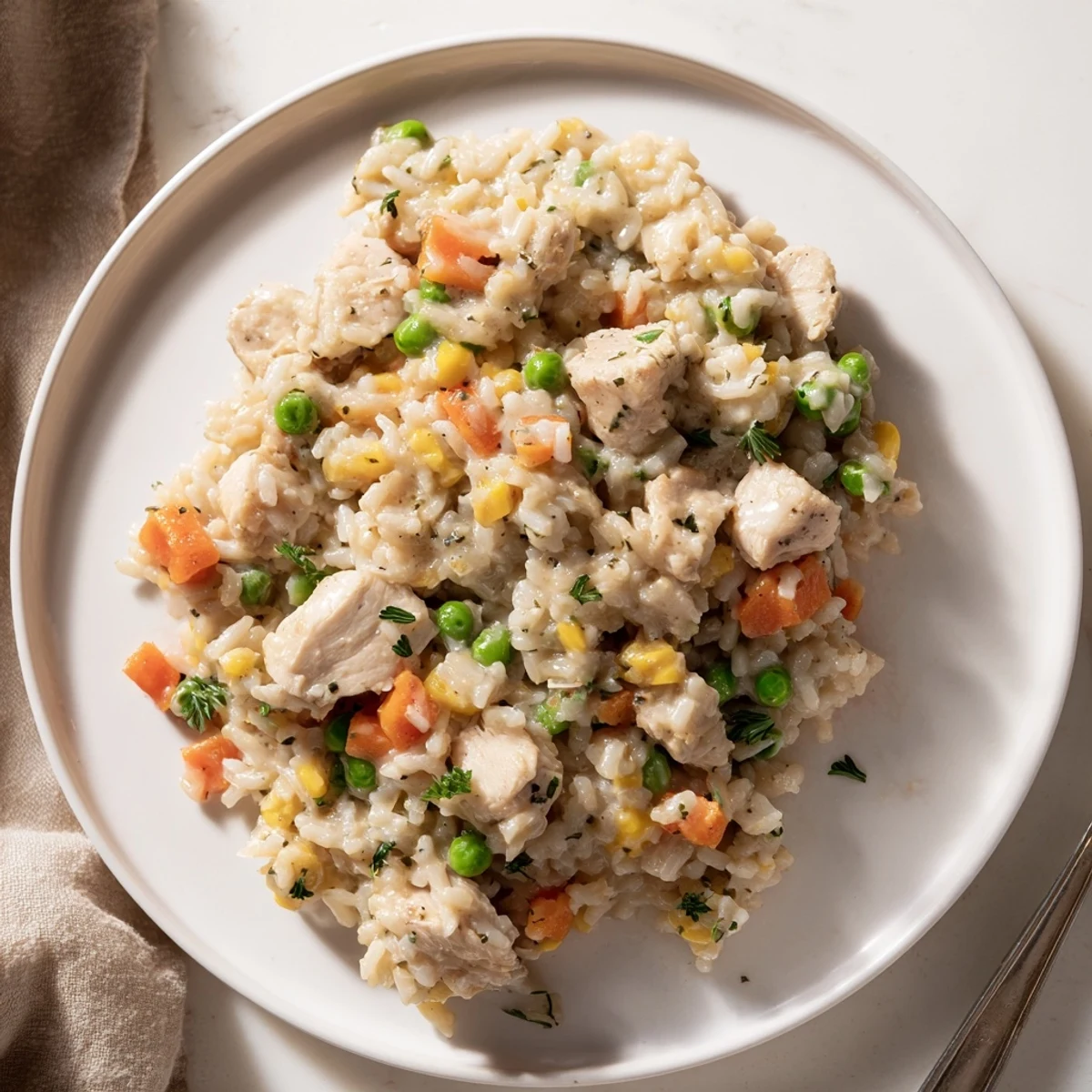 Creamy chicken and rice simmering in a skillet, garnished with fresh parsley.  