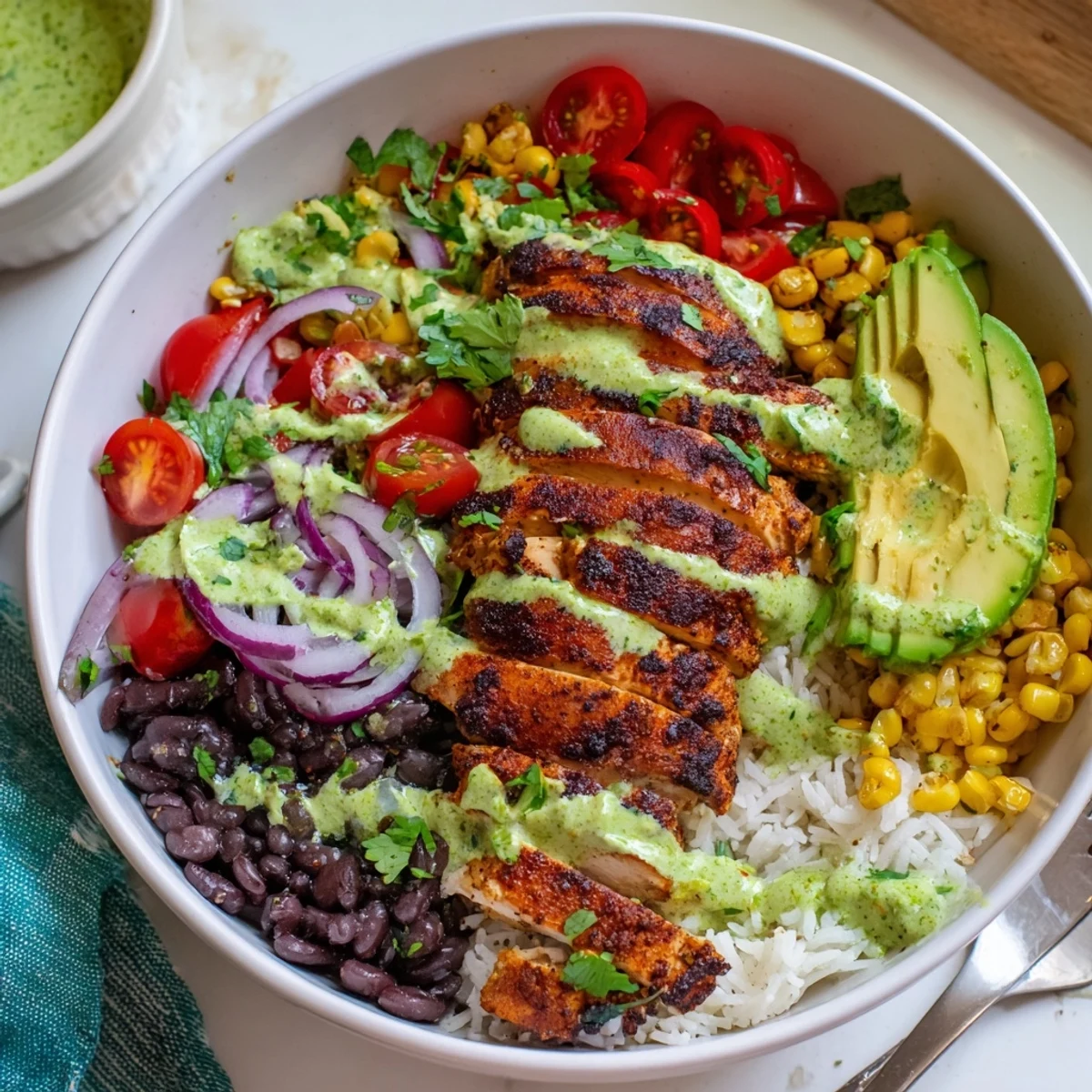 Juicy Zesty Lime Cilantro Chicken Bowls topped with vibrant vegetables and creamy avocado.  