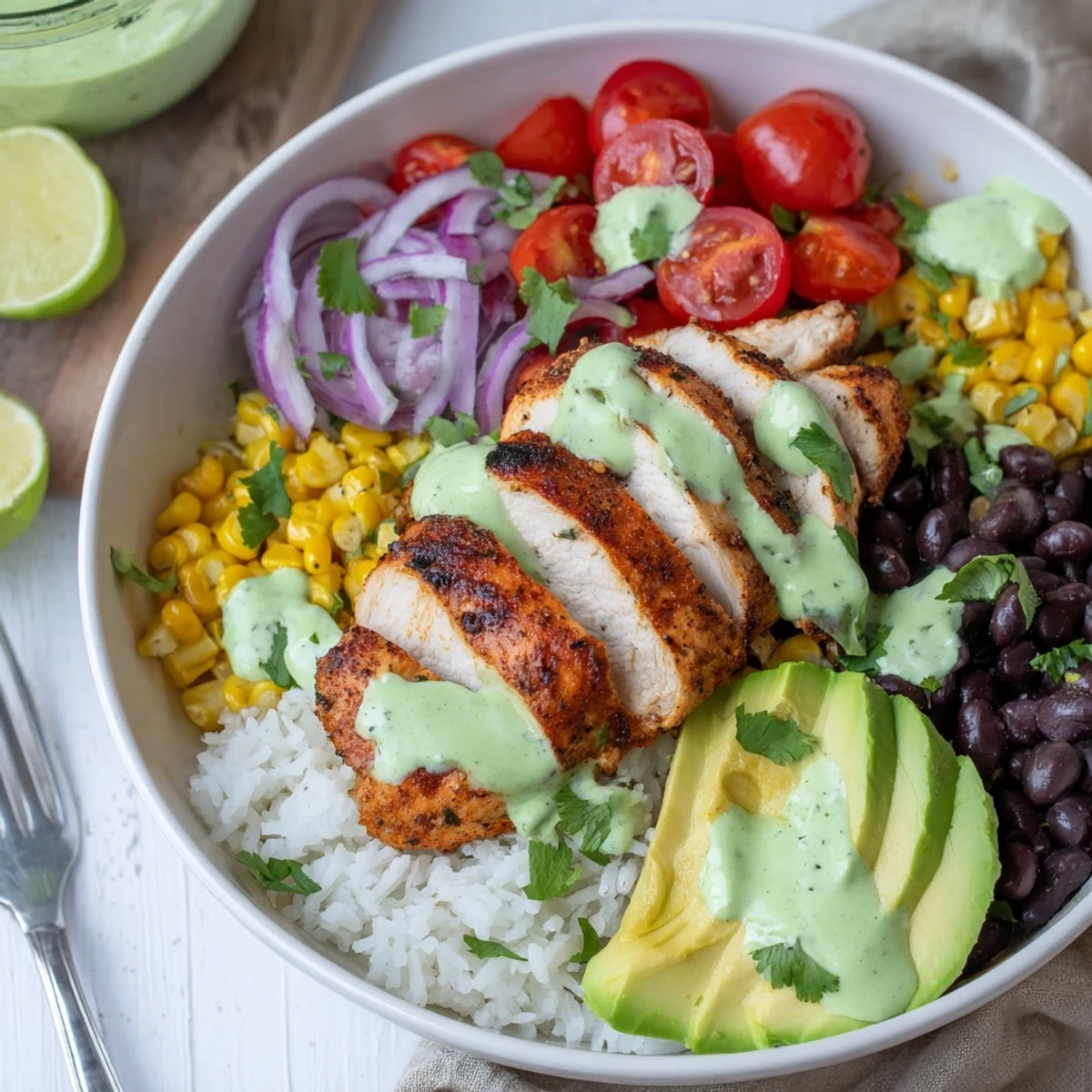 Colorful Zesty Lime Cilantro Chicken Bowls featuring grilled chicken, rice, and fresh toppings.