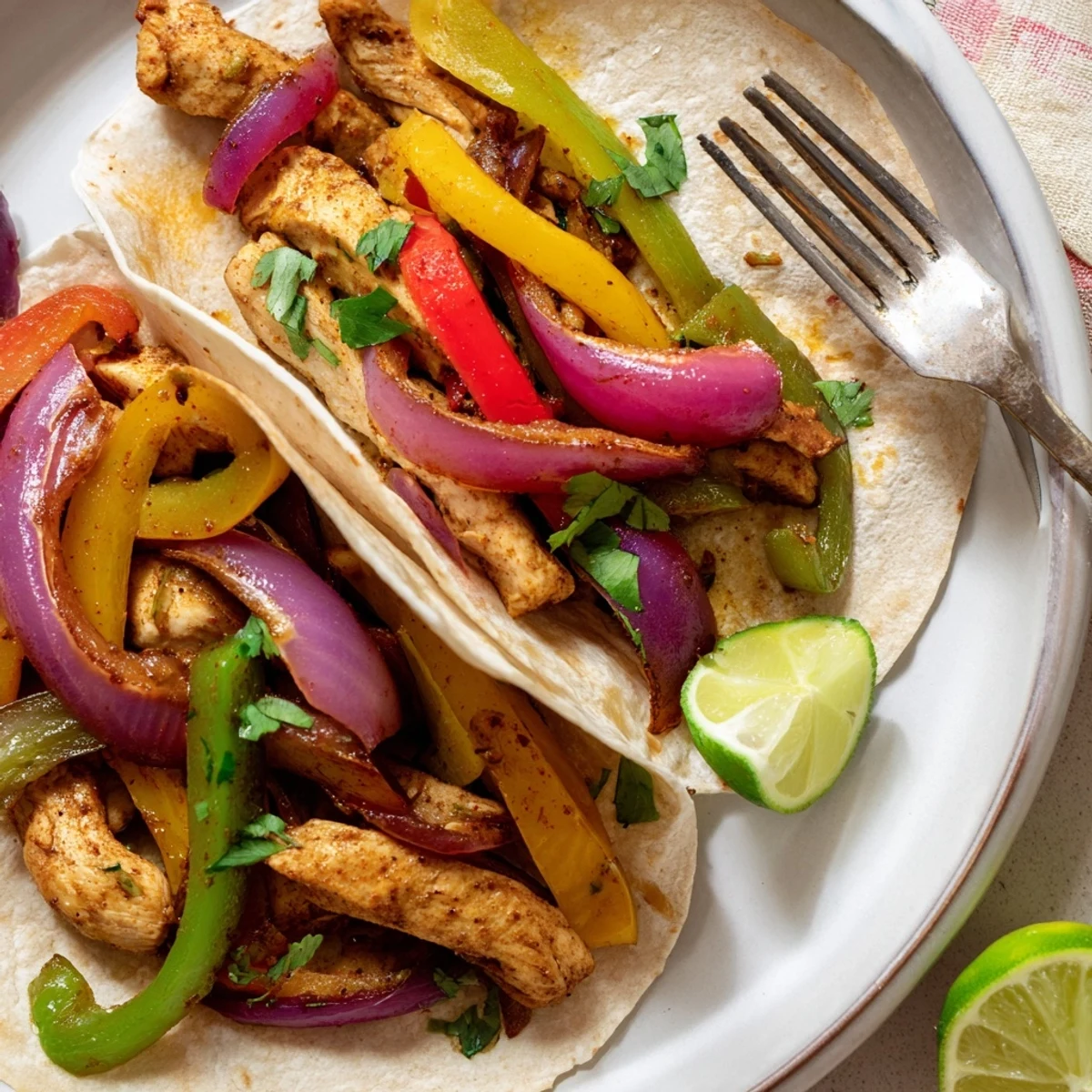 Juicy sheet pan chicken fajitas with vibrant bell peppers and zesty lime wedges.