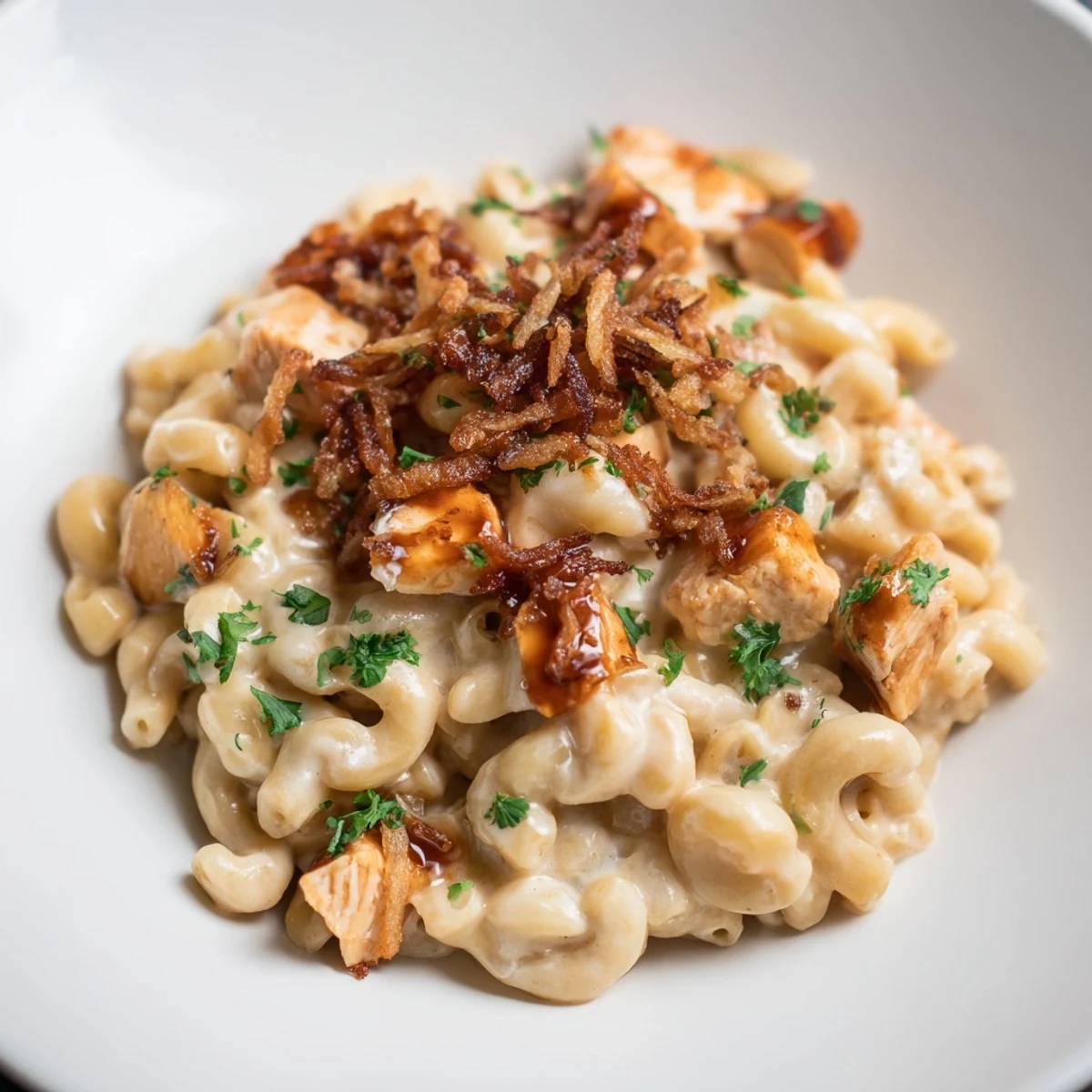 A close-up shot of creamy One-Pot Honey BBQ Chicken Mac and Cheese, showcasing the tender chicken and melted cheese.