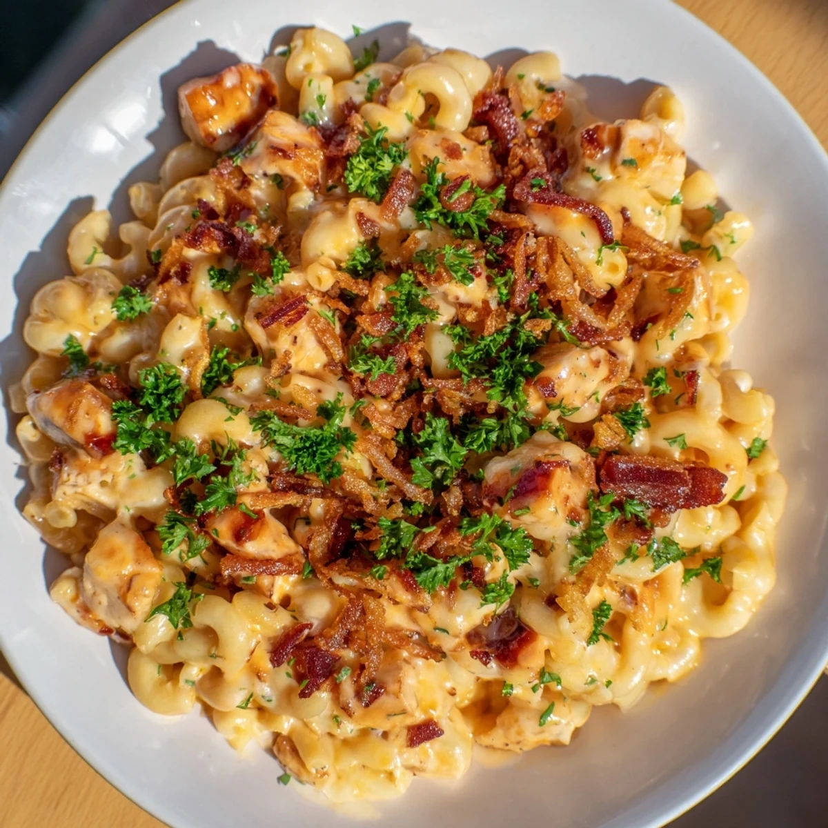 Golden, glistening One-Pot Honey BBQ Chicken Mac and Cheese, a one-pot meal perfect for a cozy weeknight dinner.