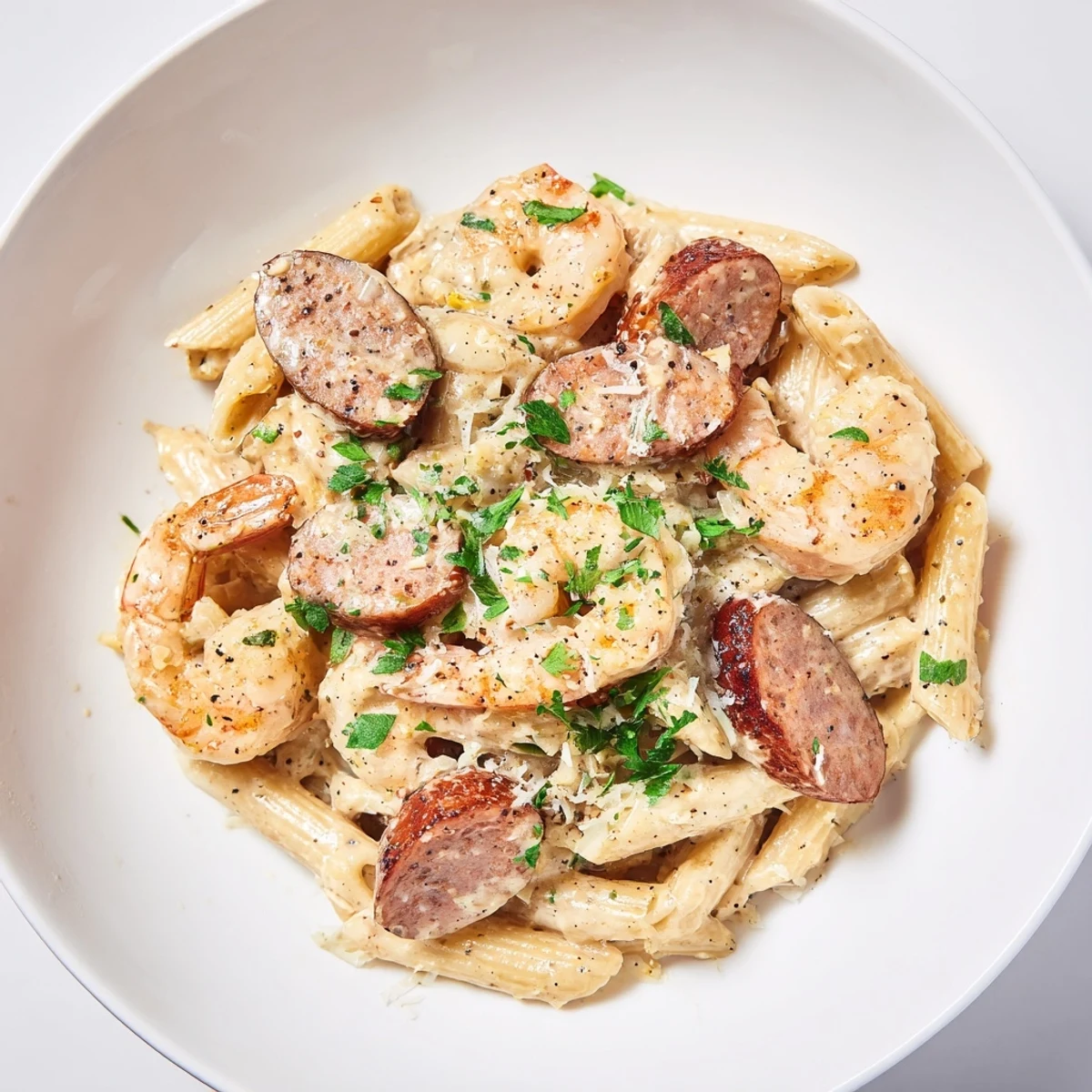 Steaming Cajun Sausage & Shrimp Alfredo Pasta Skillet, a flavorful one-pan meal, ready to serve hot.