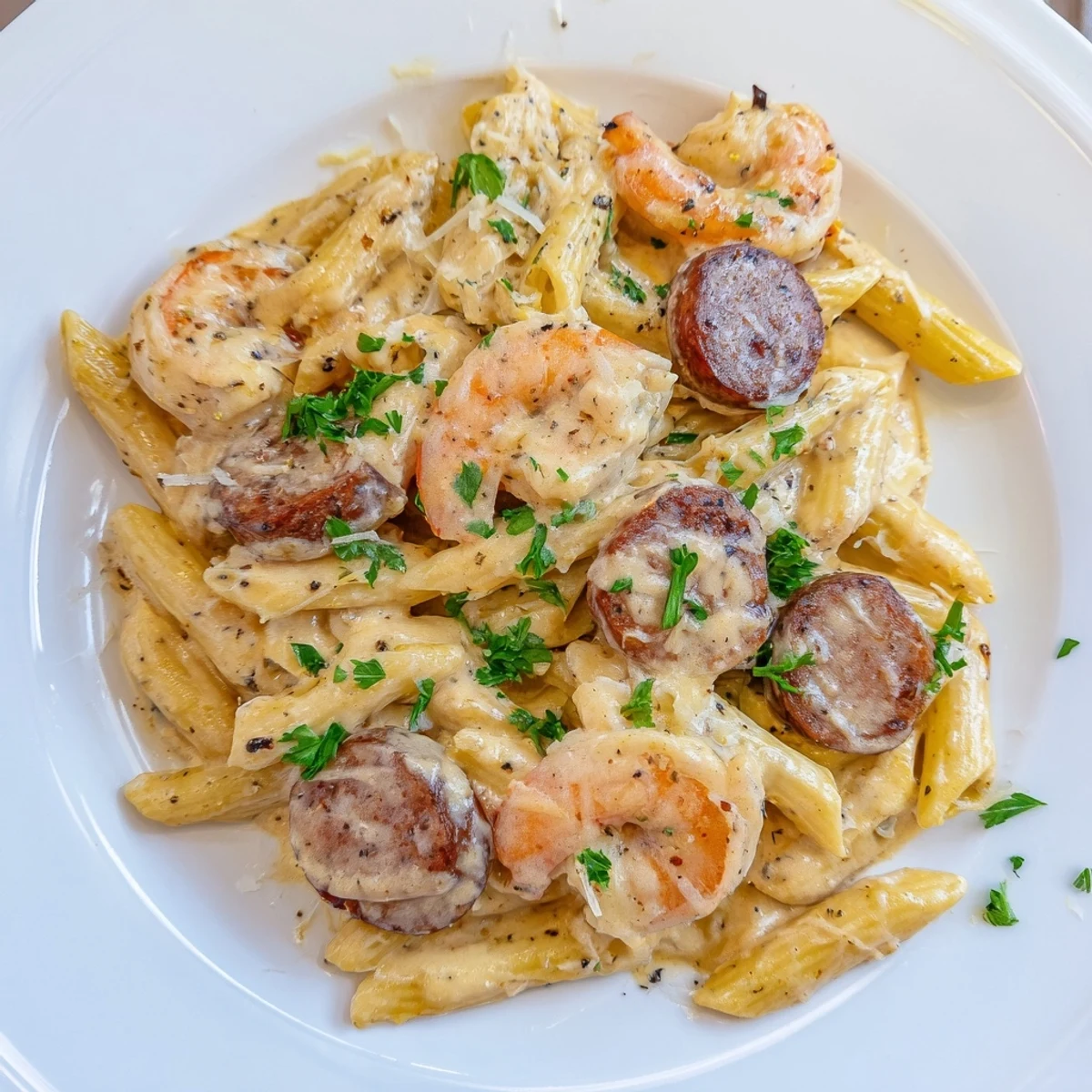 A close-up shot of the creamy Cajun Sausage & Shrimp Alfredo Pasta Skillet topped with fresh parsley.