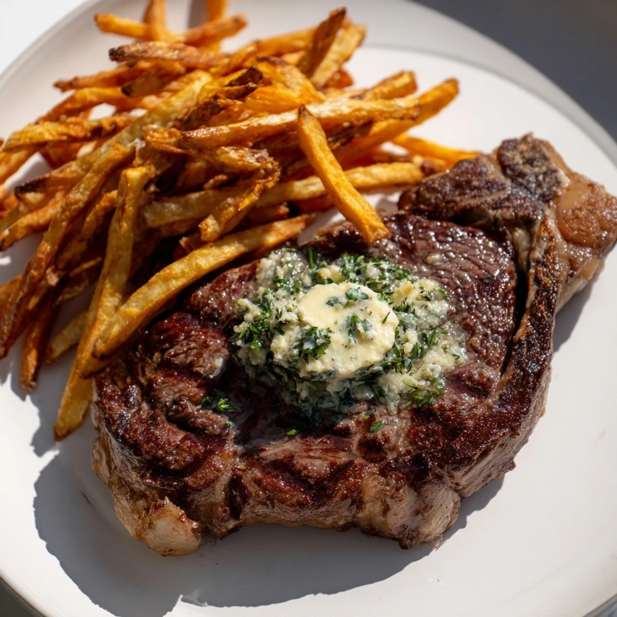 Perfectly cooked Steakhouse Garlic Butter Steak & Fries, glistening with melted butter, alongside crispy golden fries.