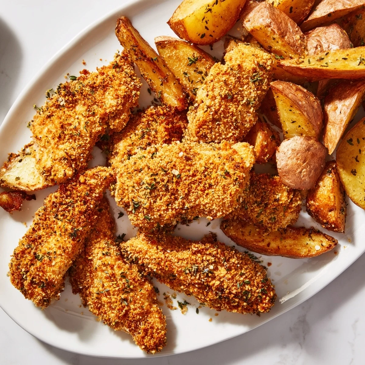 Golden, crispy herbed chicken tenders alongside flavorful potato wedges ready for a delicious dinner.