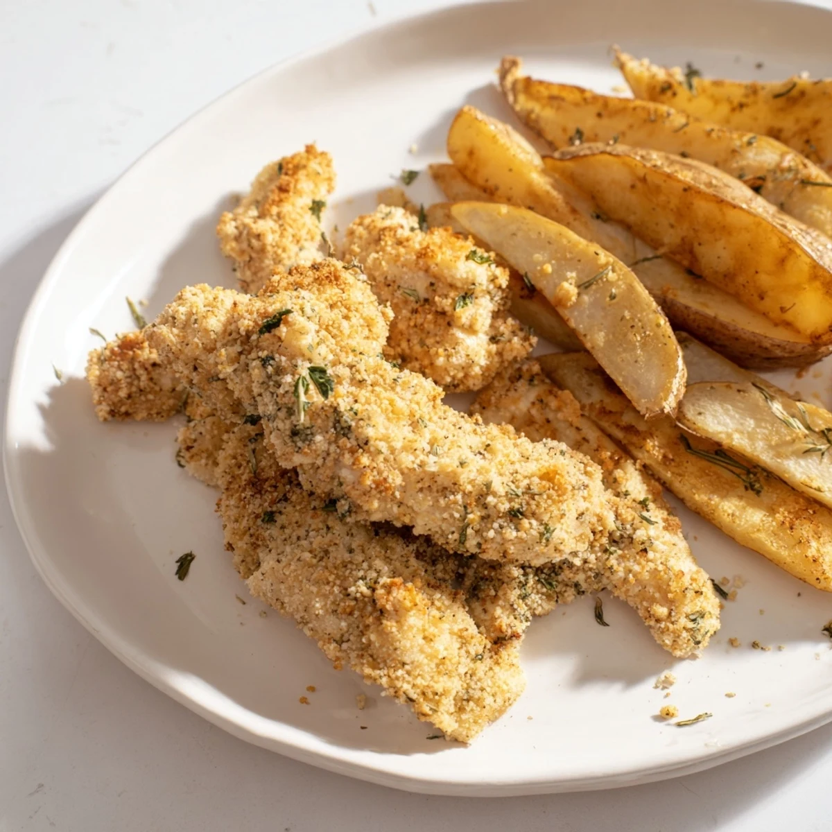 Herbed chicken tenders with a crunchy herb coating, served with browned potato wedges, perfect family meal.