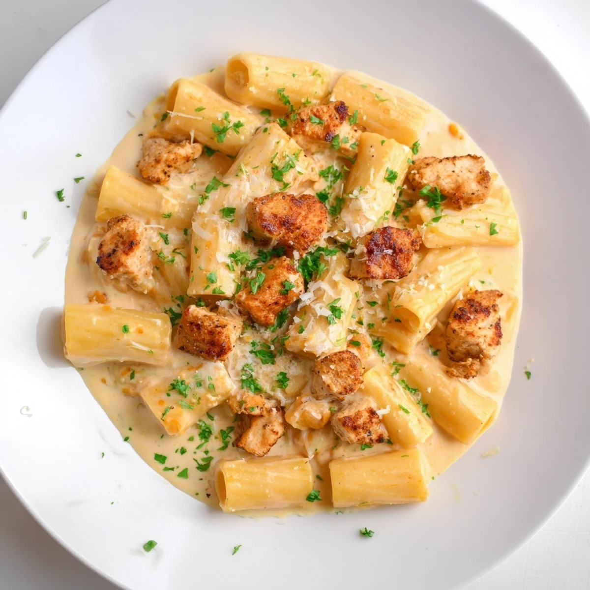 Steam rises from a bowl of creamy garlic Parmesan chicken rigatoni, ready to eat.