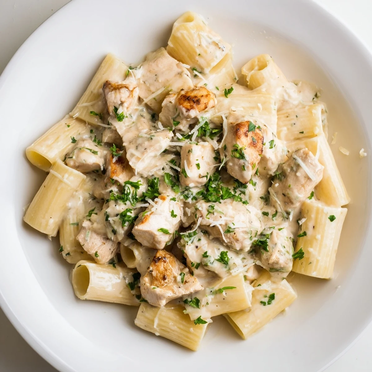 Golden chicken pieces and perfectly cooked rigatoni coated in rich creamy garlic Parmesan sauce.