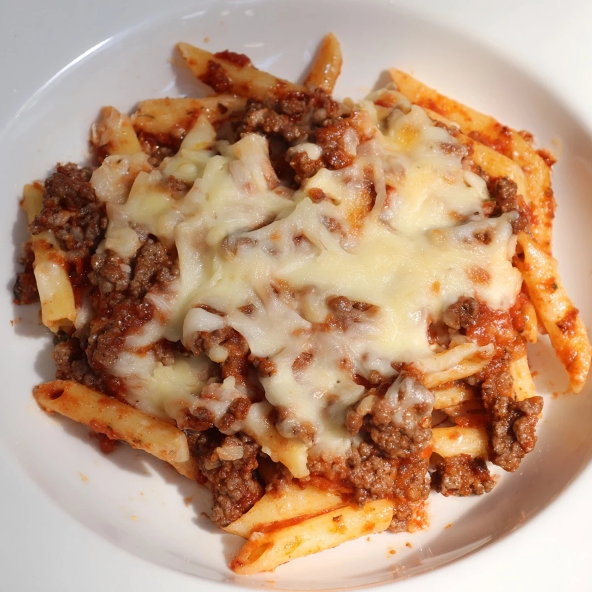 Bubbling, cheesy Beef & Penne Bake with a golden crust, ready for a warm, family meal.