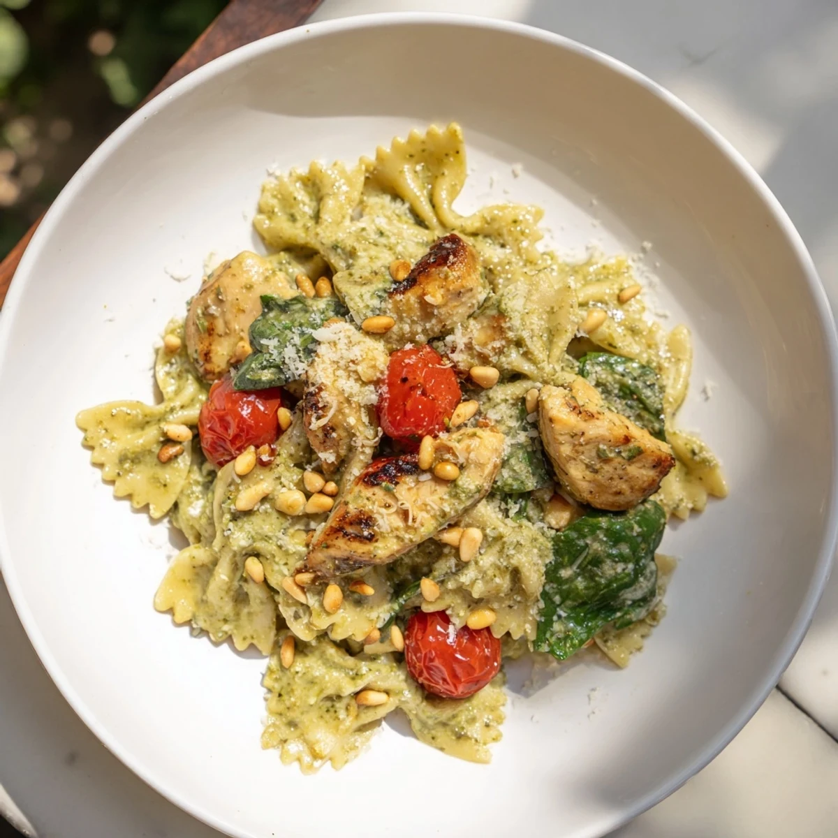 Vibrant Pesto Chicken Bowtie Pasta with tender chicken and tomatoes, ready to enjoy for dinner.