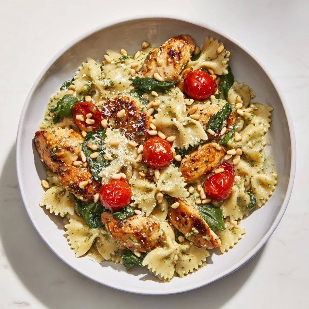 Creamy pesto coats the perfect Pesto Chicken Bowtie Pasta—a simple Italian-American weeknight favorite.
