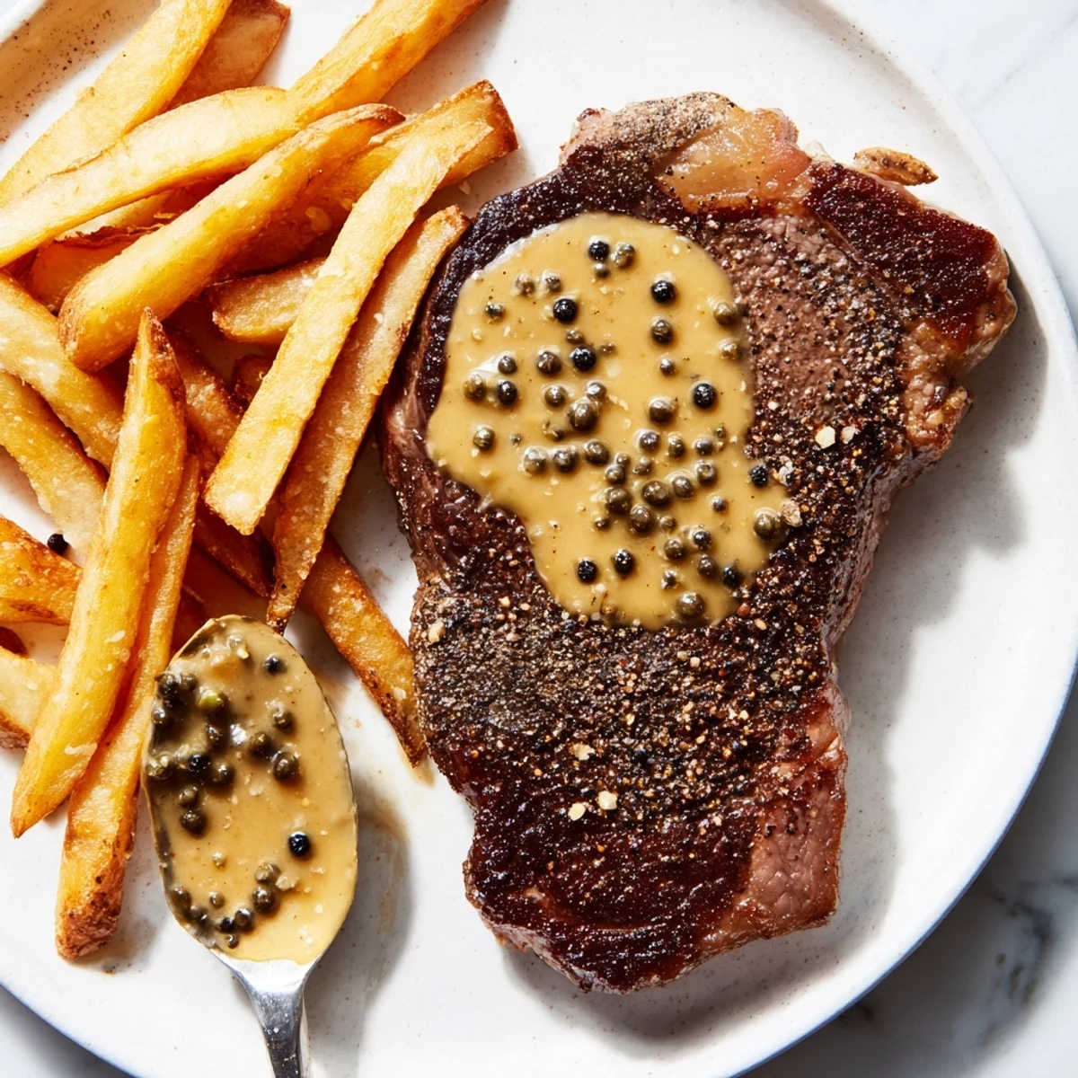 Classic Peppercorn Ribeye alongside golden, crispy fries, a delicious steakhouse dinner presented steaming.