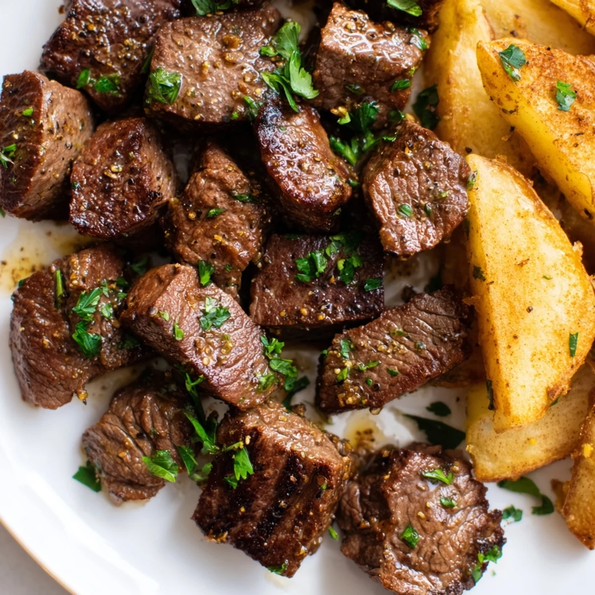 Blackened Cajun Steak Bites with perfectly seared edges, alongside a pile of golden, crispy fries.