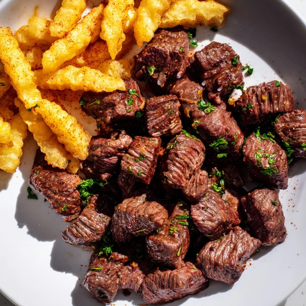 Enjoy a plate of sizzling Blackened Cajun Steak Bites, paired with seasoned, crispy fries, a delightful meal.