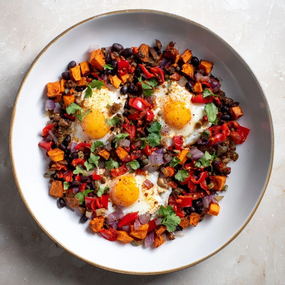 Sizzling skillet of Sweet Potato & Black Bean Breakfast Hash, a colorful and flavorful vegetarian breakfast dish.