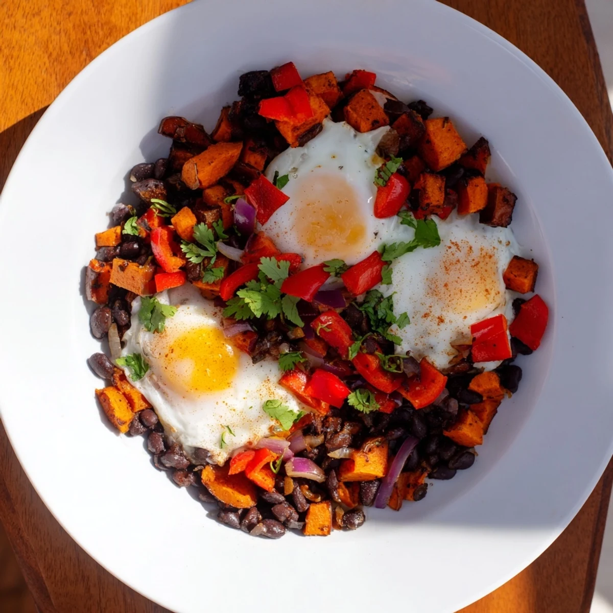 A steaming, vibrant Sweet Potato & Black Bean Breakfast Hash, ready to be enjoyed with fresh cilantro garnish.