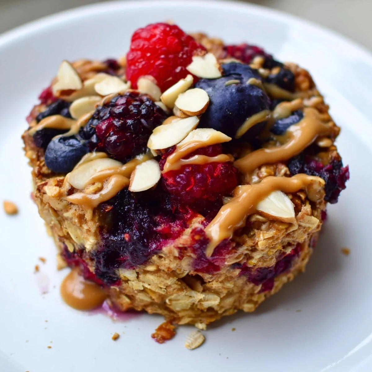 Golden-brown Baked Oatmeal Cups dotted with vibrant winter berries and drizzled with creamy almond butter.