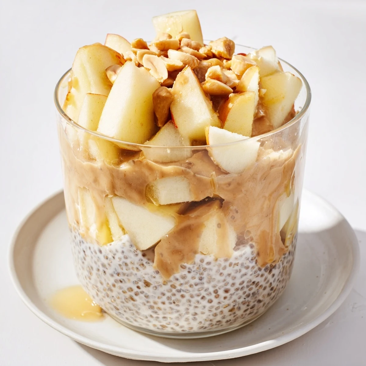 Creamy Apple-Chia Pudding with Peanut Butter, layered with fresh apples and a peanut butter swirl—a healthy breakfast.