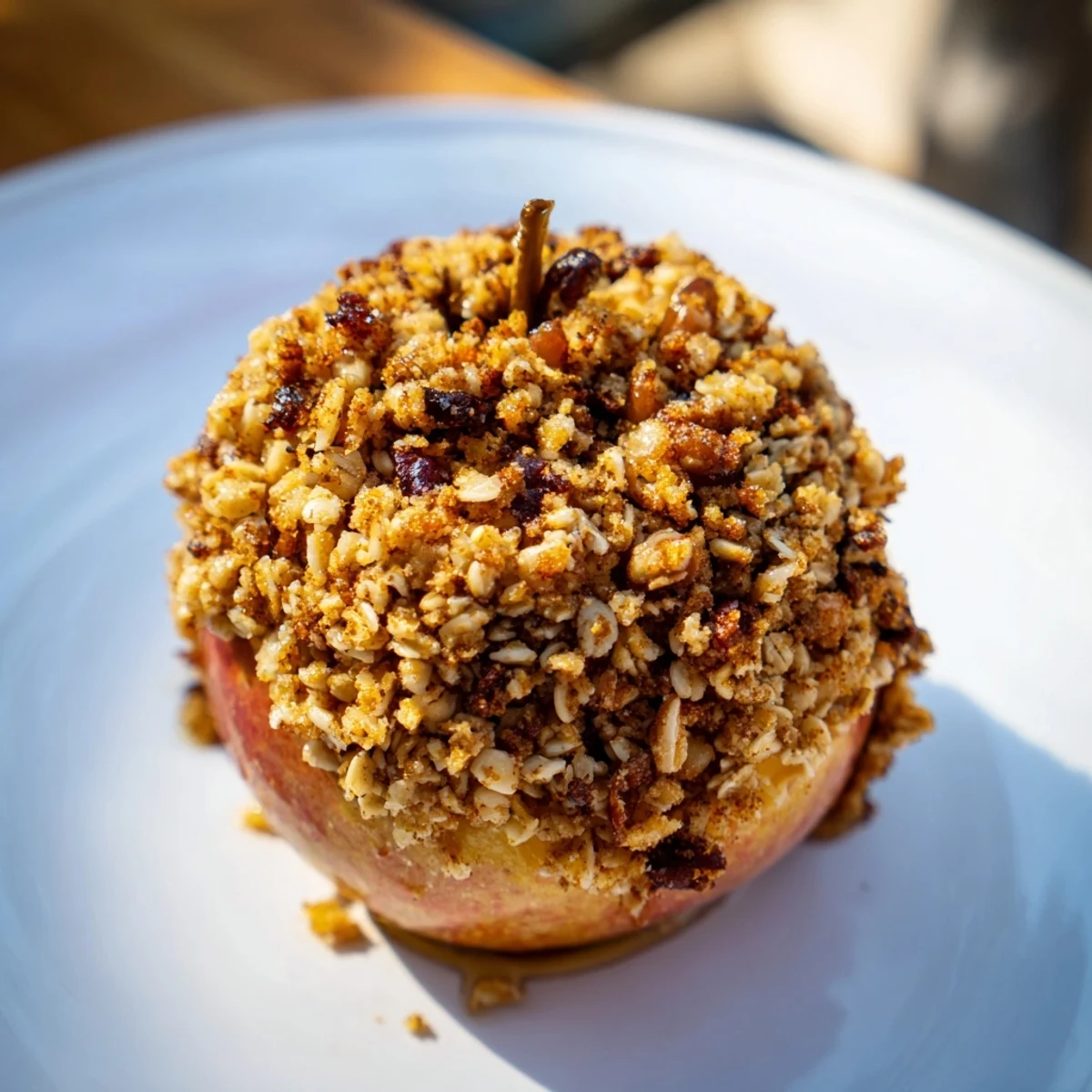 Golden-brown Baked Apples with Oat-Nut Crumble, showing tender apples filled with a delicious topping.