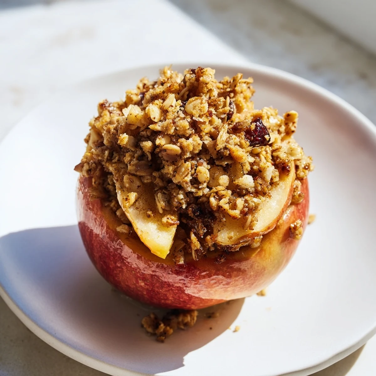 Warm Baked Apples with Oat-Nut Crumble, offering a comforting aroma of cinnamon and fall flavors.