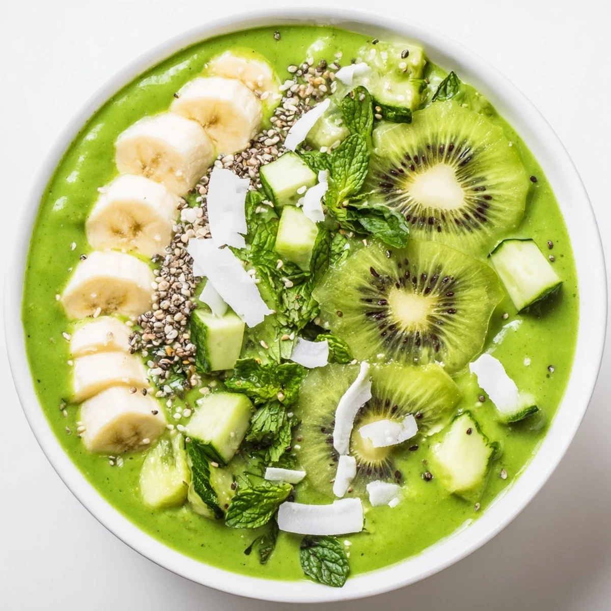 This vibrant Green Smoothie Bowl, topped with hemp seeds, offers a refreshing blend of fruits and vegetables.