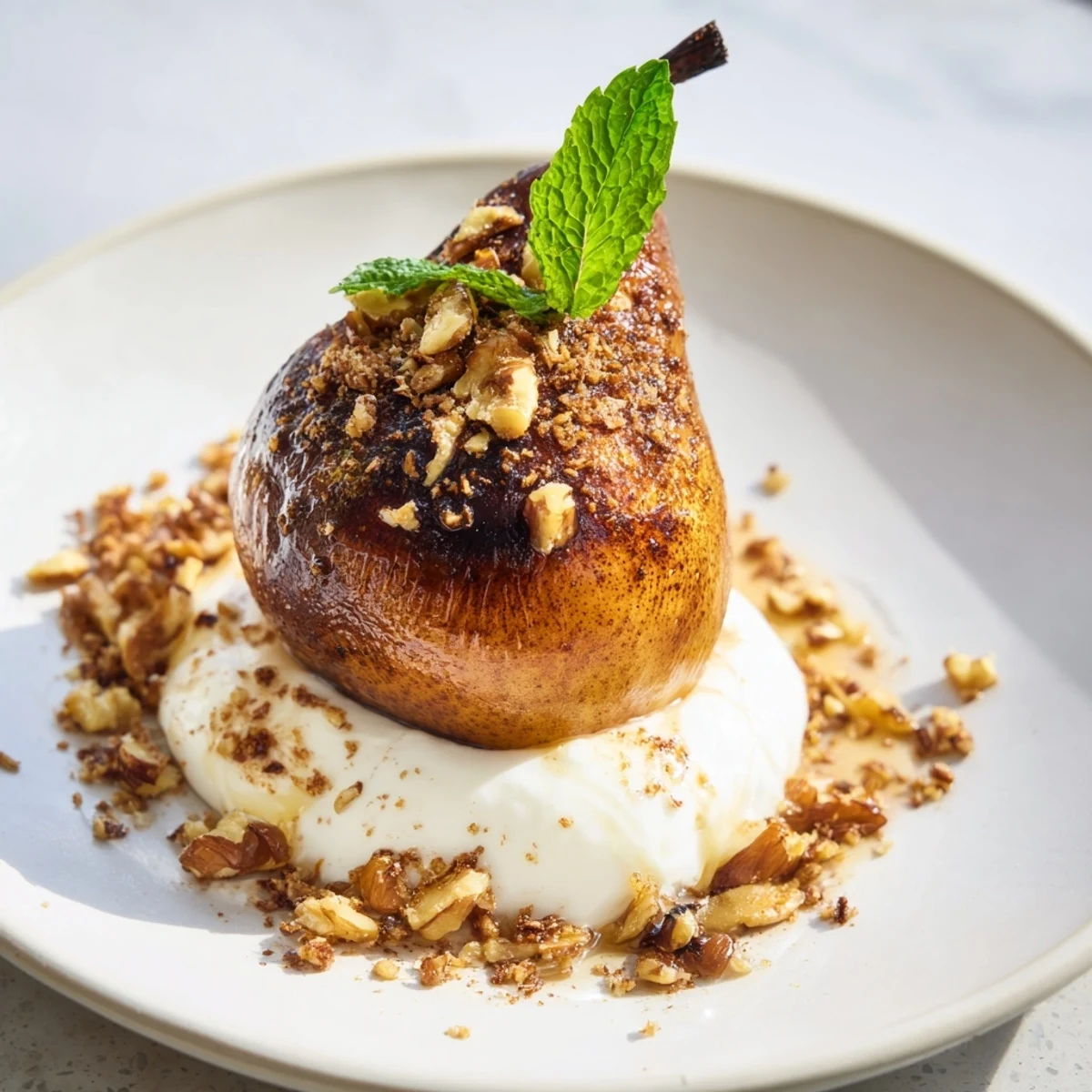 Warm roasted pears drizzled with honey, cinnamon, and walnuts, served with creamy Greek yogurt.