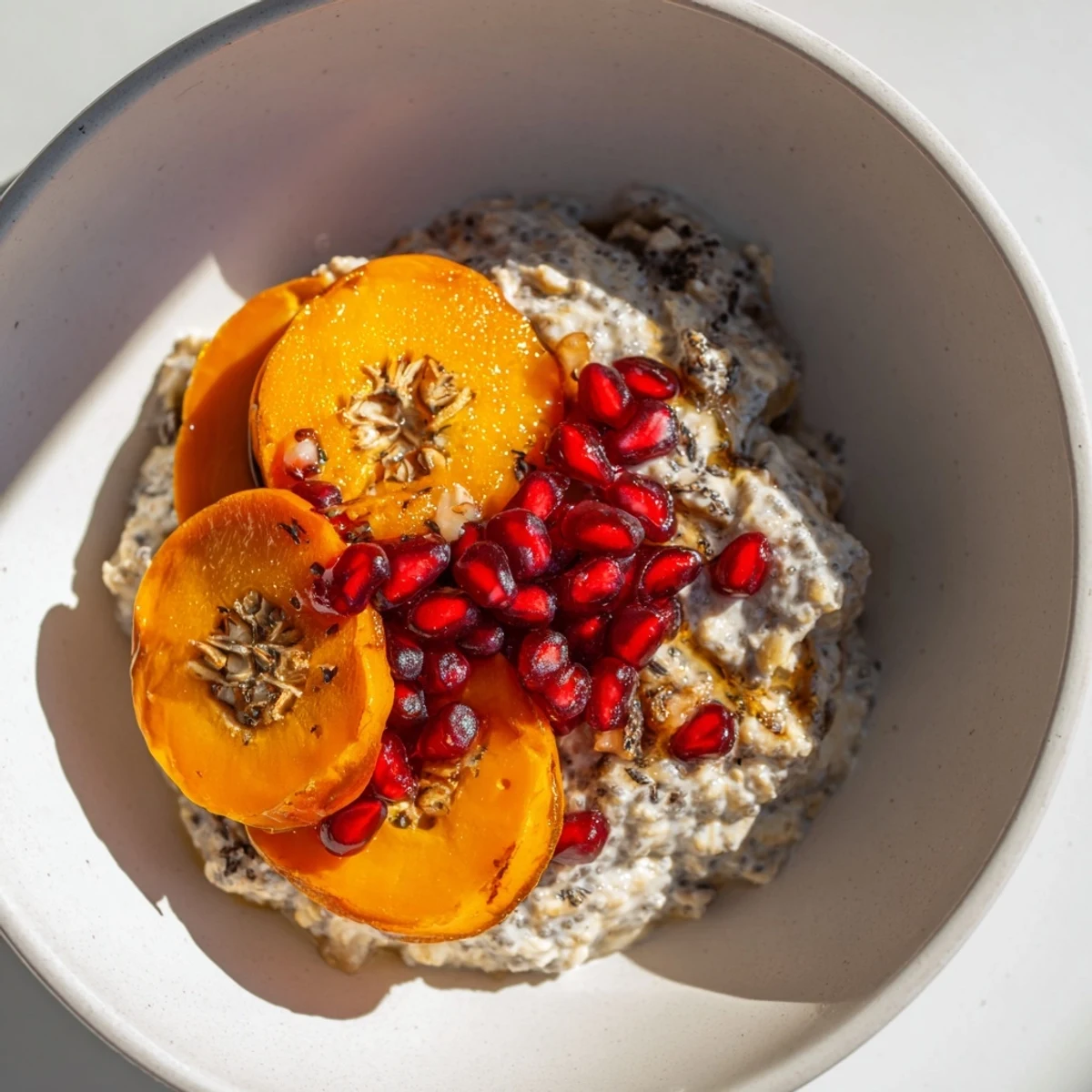 A vibrant bowl of Overnight Oats with persimmon, pomegranate, and chia seeds, cool and creamy.