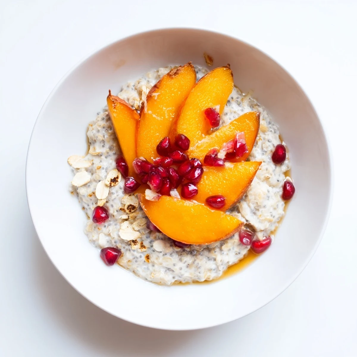 This breakfast showcases Overnight Oats with persimmon, pomegranate, and chia seeds—a satisfying, healthy meal.