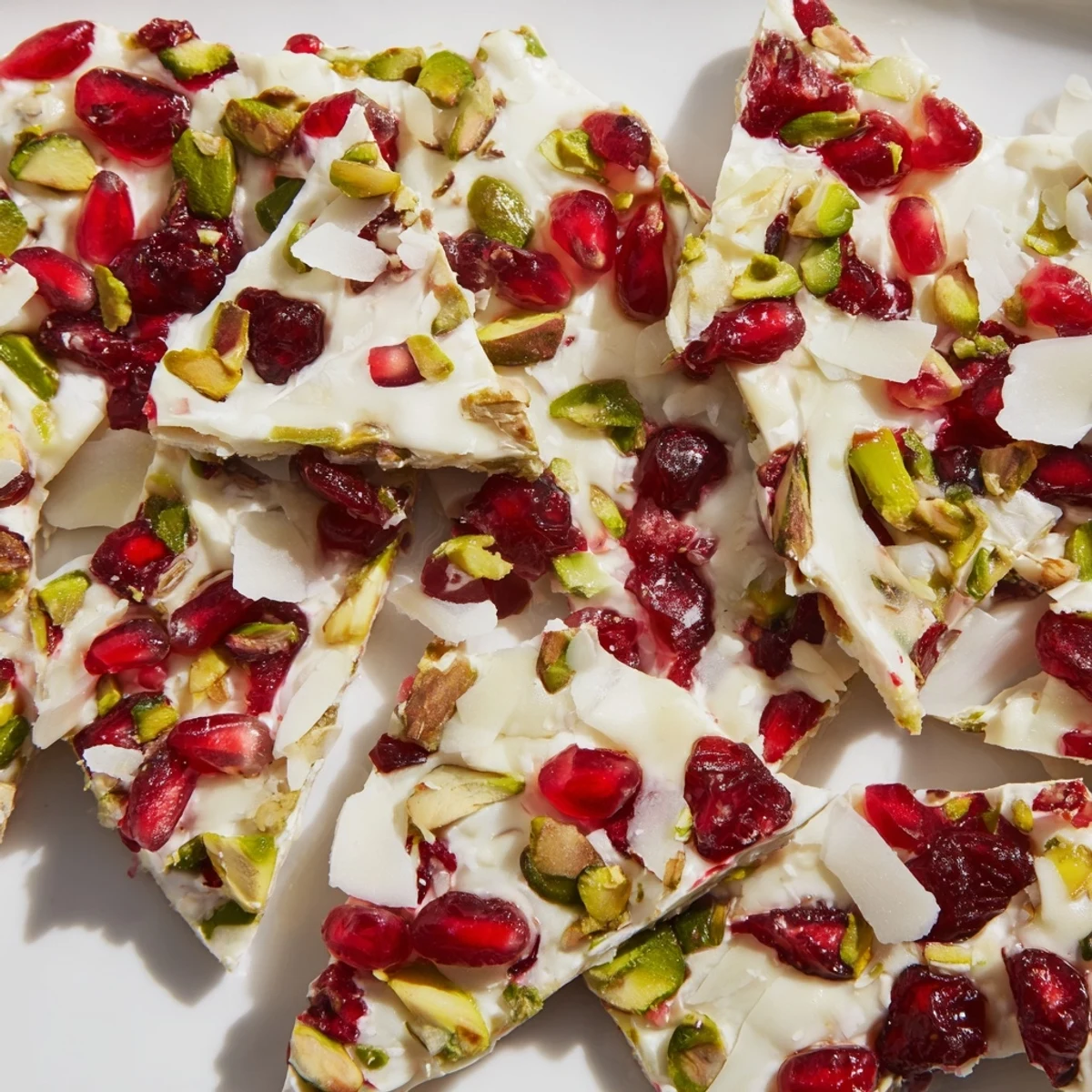 Vibrant photo of Frozen Yogurt Bark with ruby red pomegranate seeds and crunchy pistachios in focus.