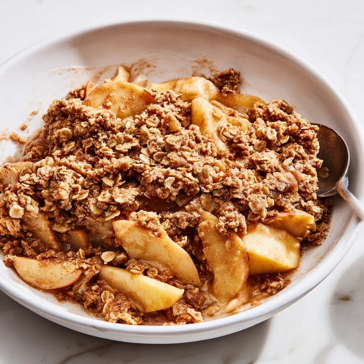 Warm, bubbling Apple Crisp showing a rustic topping over tender, cinnamon-spiced apples, ready to serve!.