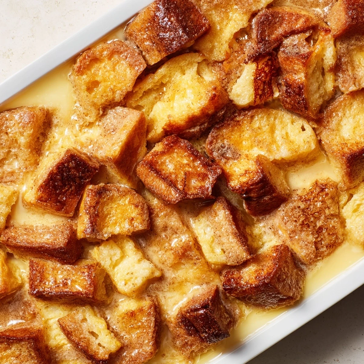 Golden-brown French Toast Bake, a decadent breakfast casserole, served warm with fresh berries.