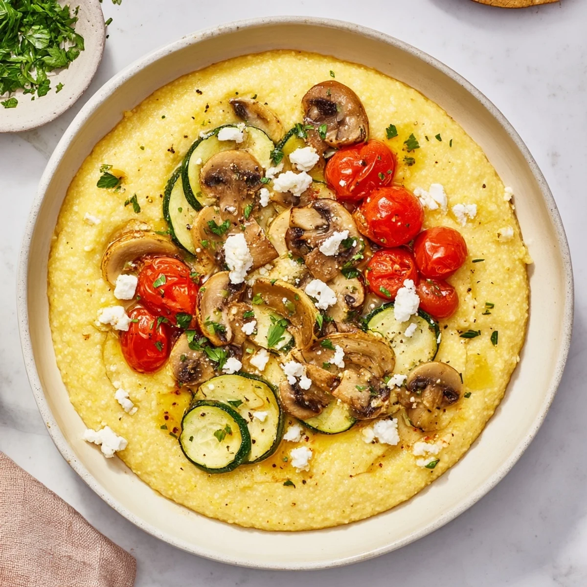 Creamy, warm Cornmeal Mush Polenta Bowls, topped with sautéed mushrooms, herbs, and cheese, ready to eat.