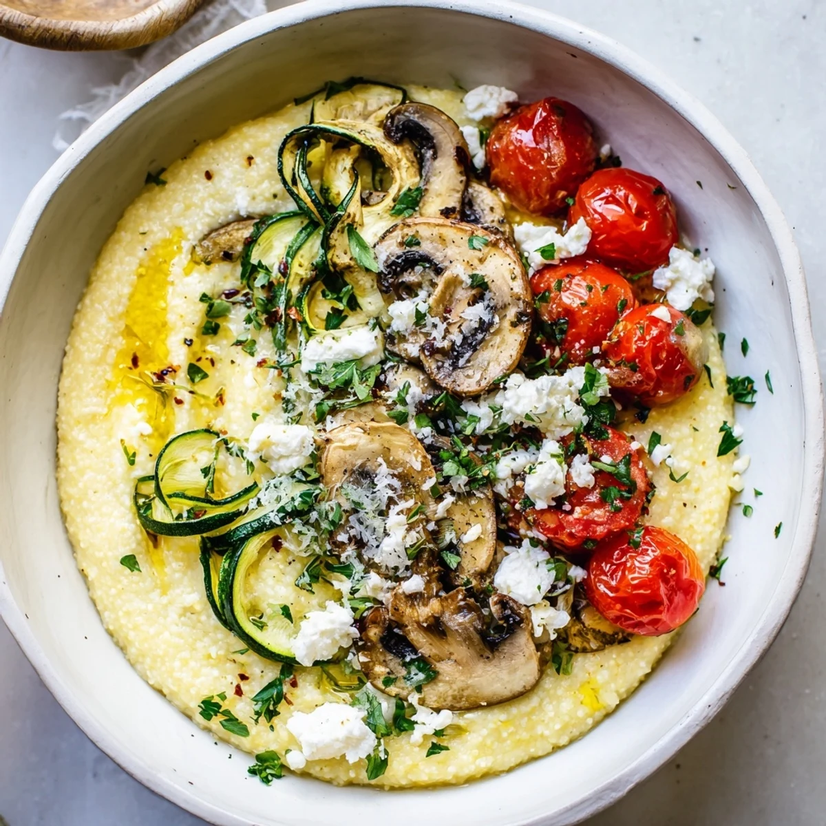 A visually enticing photo shows steaming Cornmeal Mush Polenta Bowls, a comforting vegetarian main course.