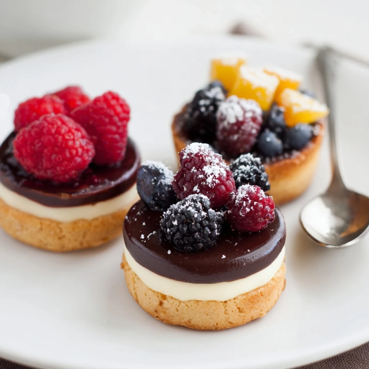 Three colorful, bite-sized Mini Dessert Bites Trio, featuring chocolate and fruity tartlets.