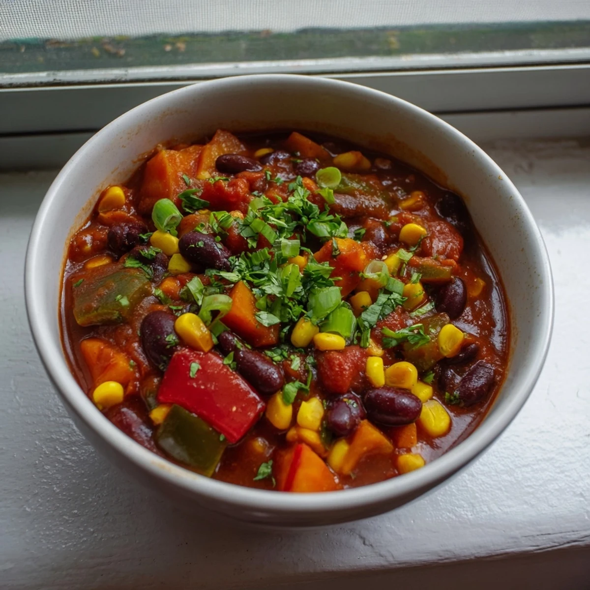 Steaming bowl of veggie chili, garnished with cilantro, a comforting and flavorful vegan meal.