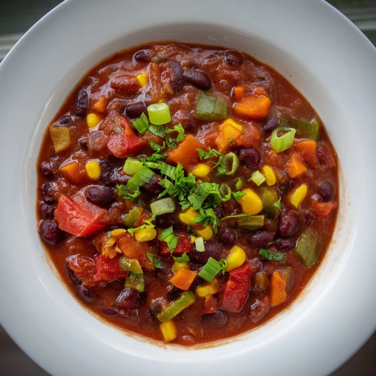 Enjoy a close-up of this delicious, hearty veggie chili, perfect for a cozy weeknight dinner and great in flavor.