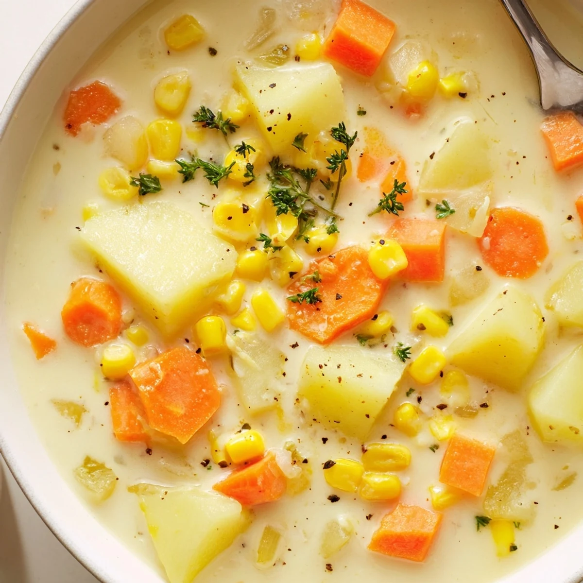 Steaming bowl of Corn & Potato Chowder with fresh parsley, a creamy, flavorful American soup.